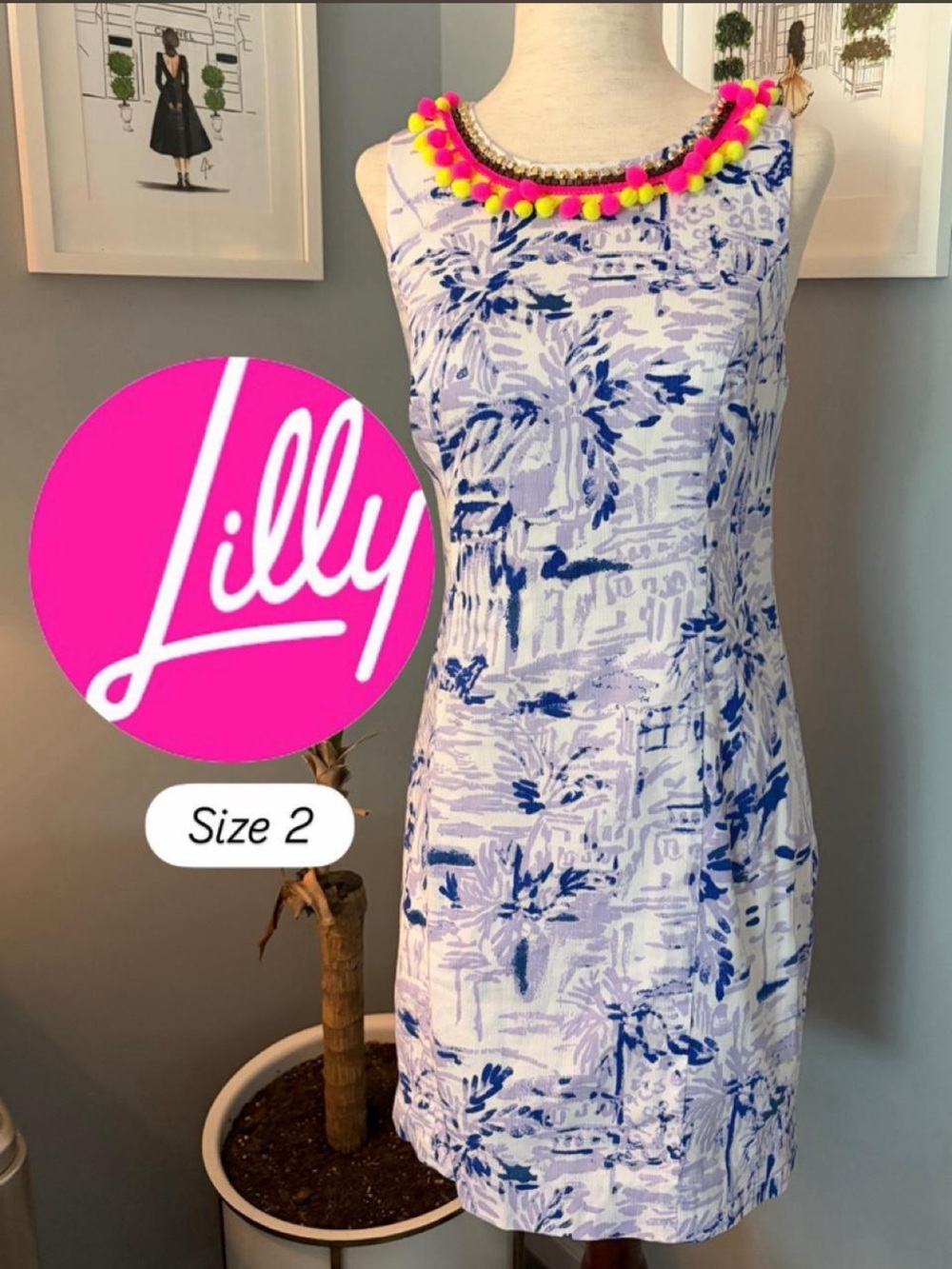 Lilly Pulitzer SIZE 2 Blue & White Printed Shift Dress with Neon Pom Trim